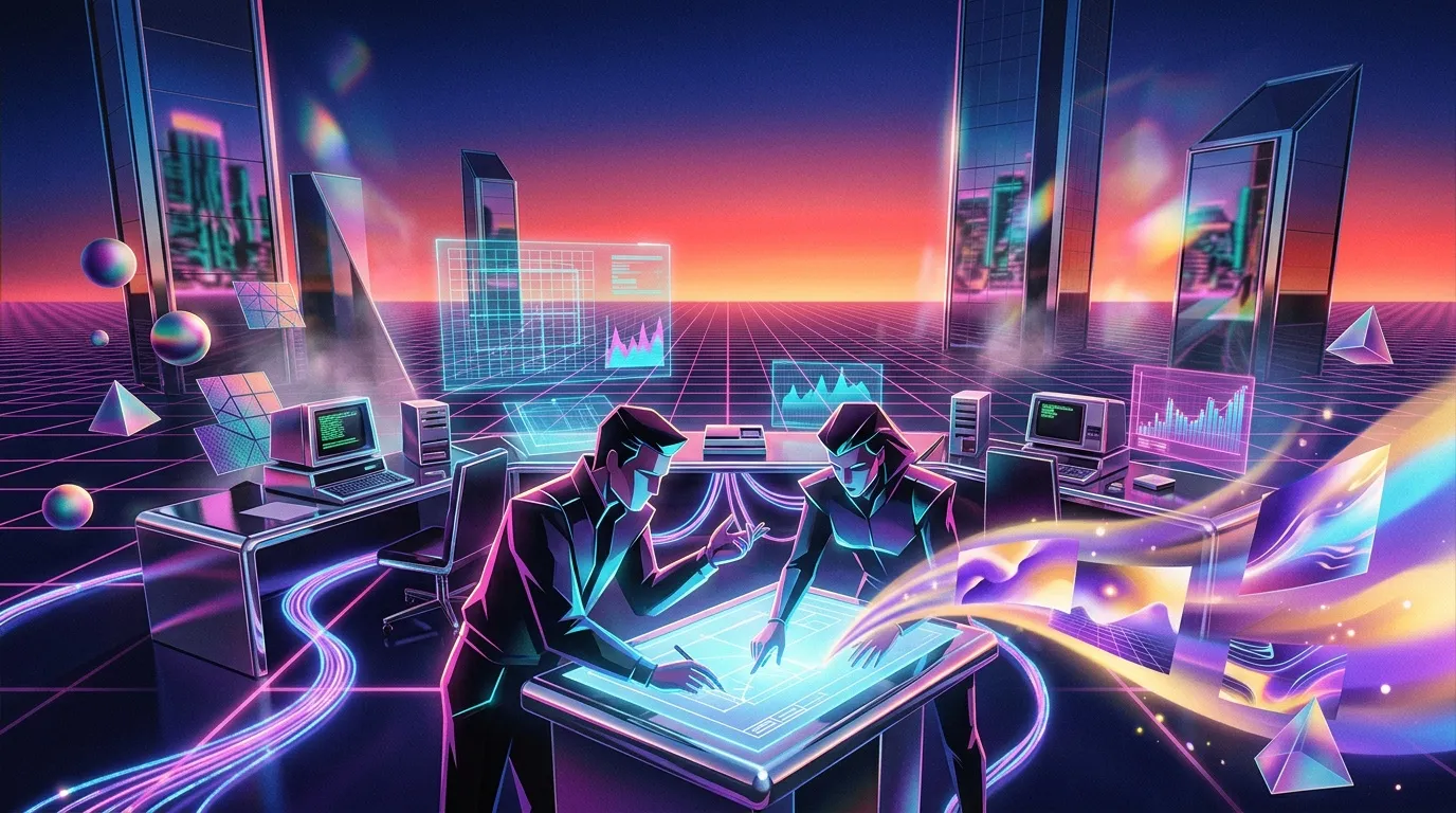 Deux professionnels analysent des donn&eacute;es dans un environnement cyberpunk n&eacute;on