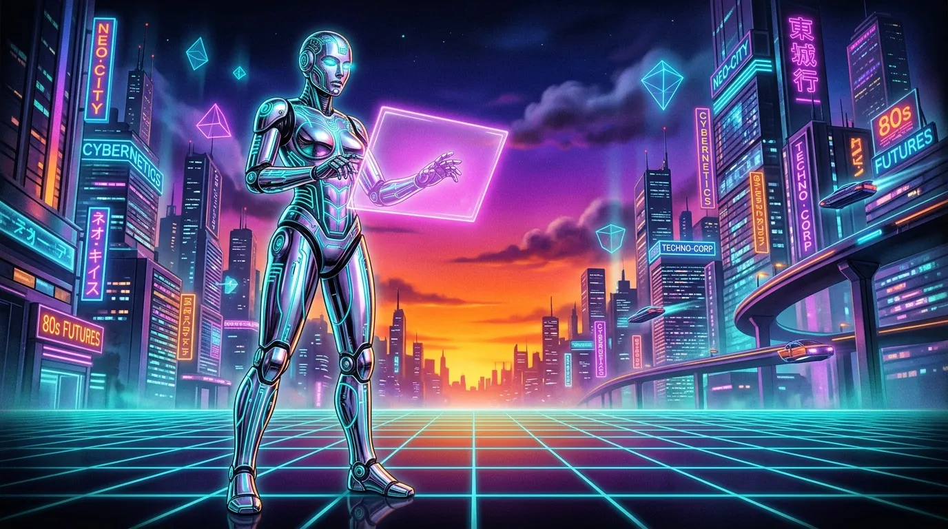 Robot f&eacute;minin tenant tablette dans ville cyberpunk illumin&eacute;e