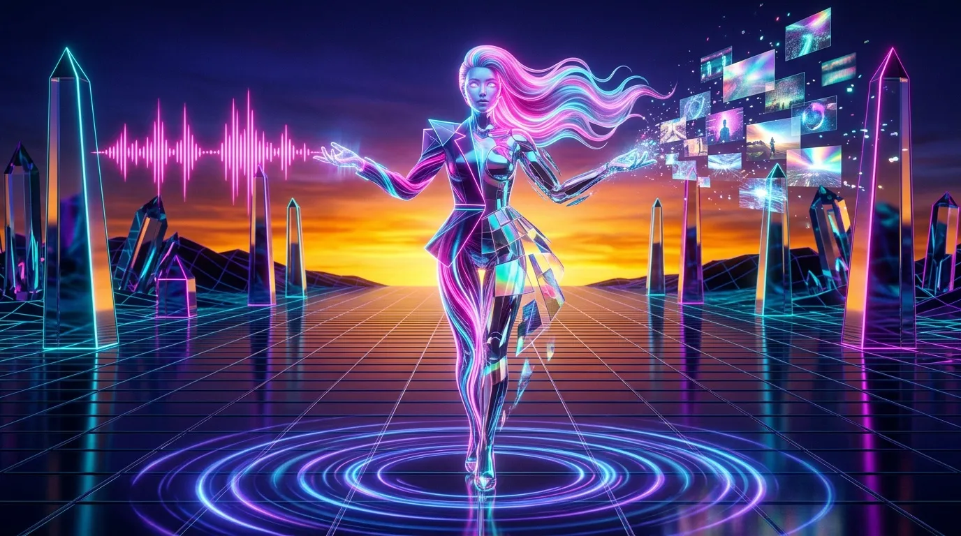 Femme holographique futuriste dans univers neon num&eacute;rique