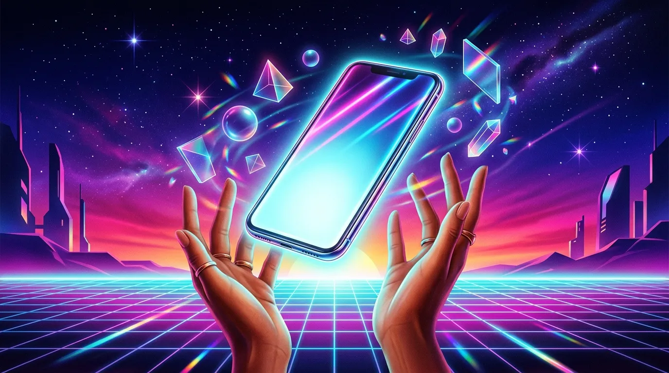 Mains tenant un smartphone brillant dans un univers n&eacute;on cyberpunk