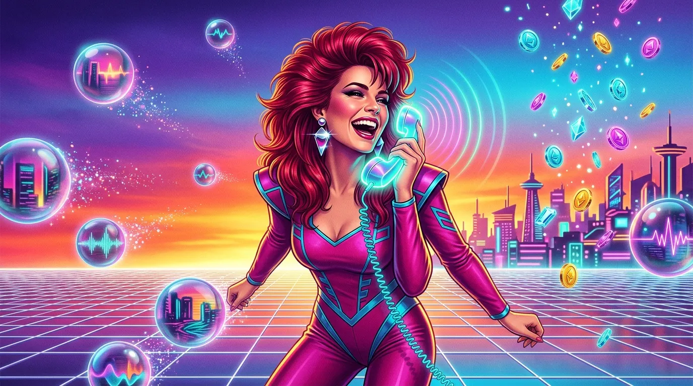 Femme souriante en tenue rose futuriste tenant un t&eacute;l&eacute;phone n&eacute;on