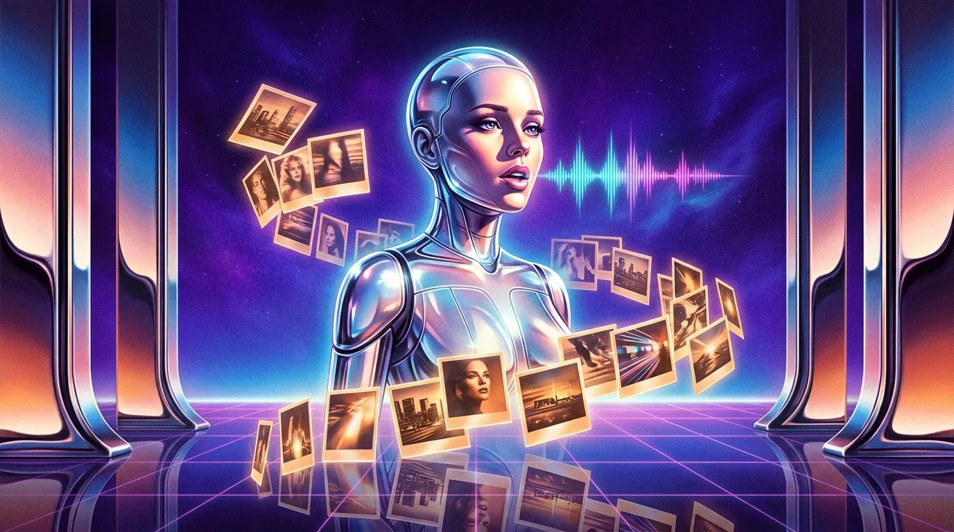 Robot futuriste entour&eacute; de photos num&eacute;riques et ondes sonores