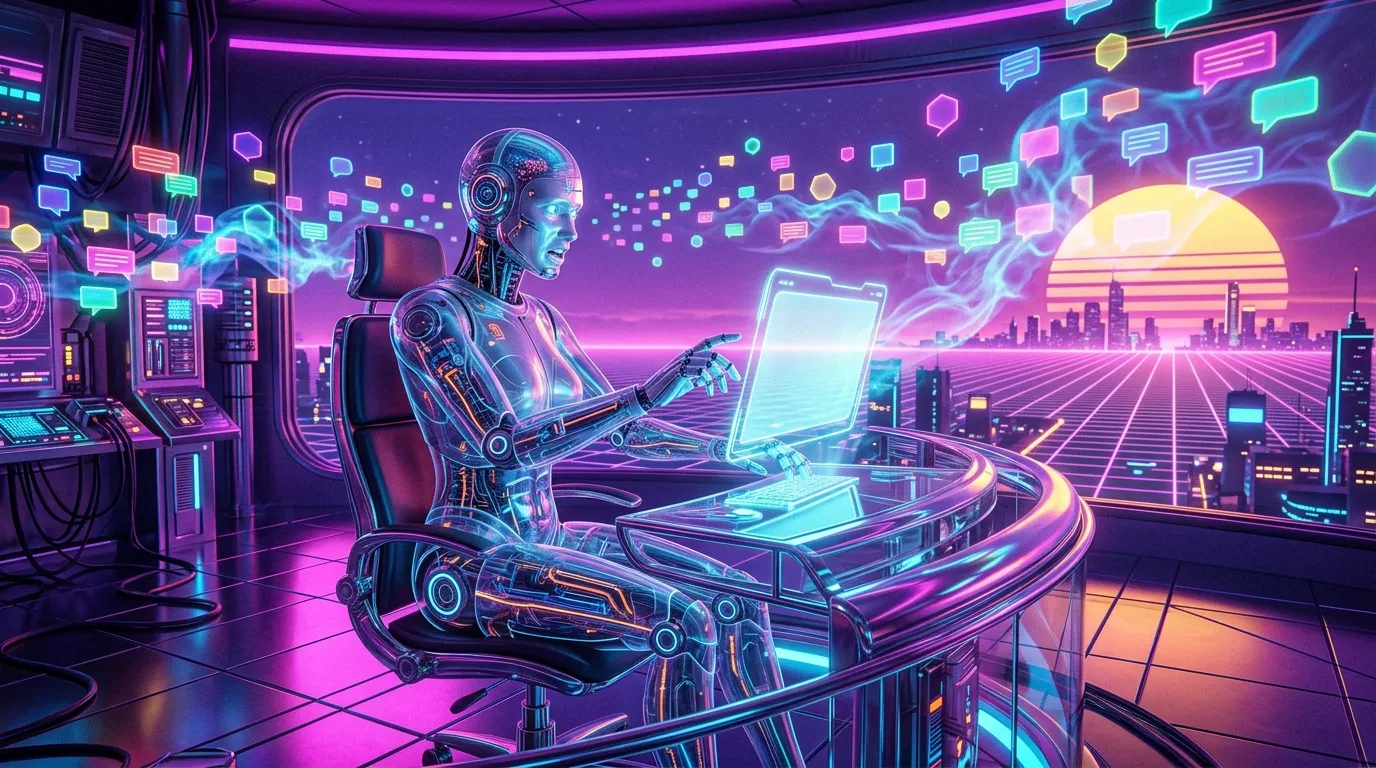 Robot illumin&eacute; travaillant sur ordinateur dans cadre n&eacute;on cyberpunk