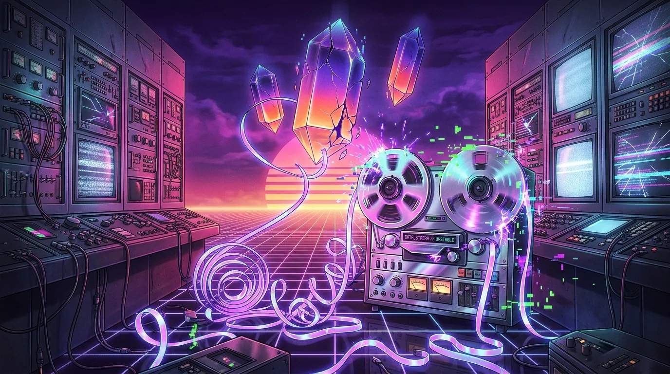 Laboratoire num&eacute;rique cyberpunk avec magn&eacute;tophone et cristaux luminescents