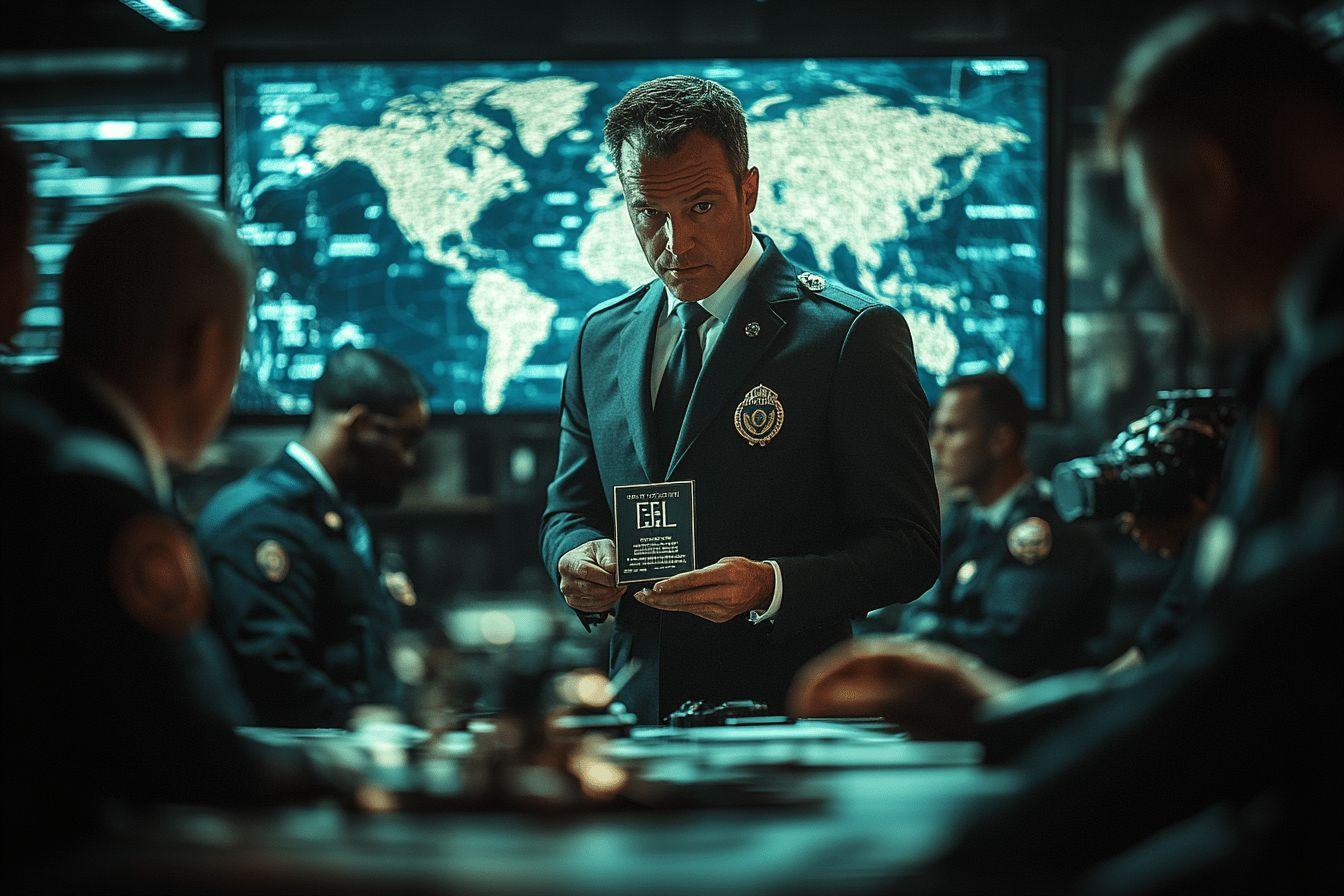 Officier présentant un document dans une salle de commandement high-tech
