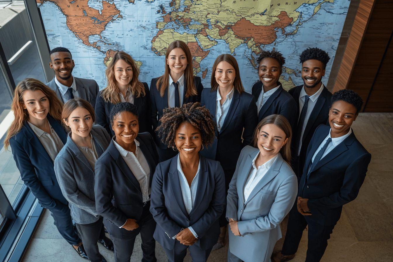 Groupe souriant de professionnels devant une carte mondiale