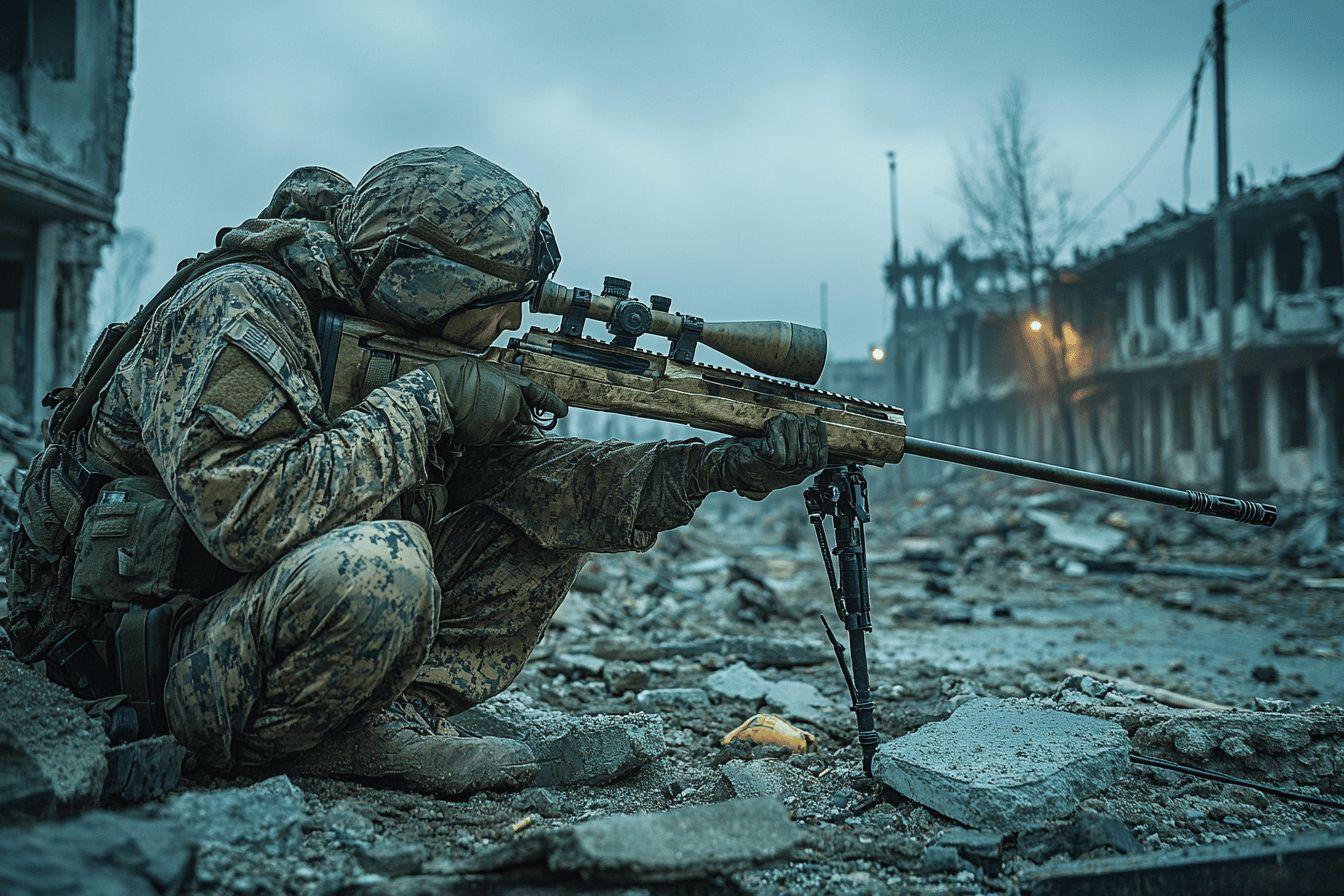 Soldat en tenue camouflage visant avec un fusil de pr&eacute;cision