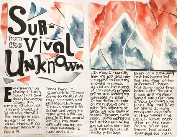 Graphic design major Sierra Garcia uses water color and cut-up showcard letters to create a magazine page depicting her time in quarantine.